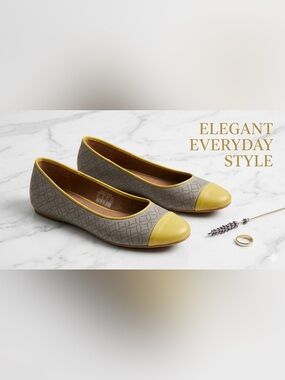 Fossil Grey Perforated Leather Ballet Flats with Yellow Cap Toe - Size 7.5